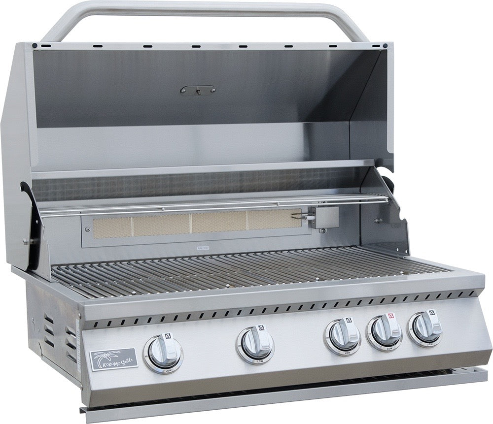 KoKoMo Grills L-Shaped BBQ Island with Firepit, 4-Burner BBQ & Outdoor Rated Refrigerator